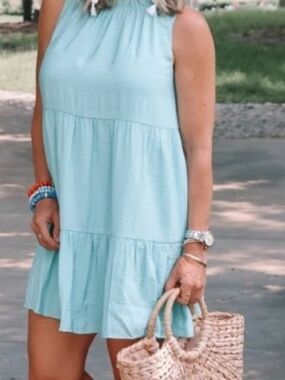 Loft Sleeveless Tiered Swing Dress - Light Aqua - Size M